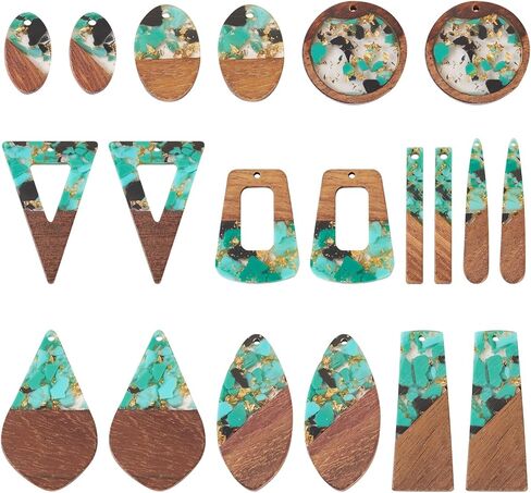Cheriswelry 20Pcs/10 Pairs Epoxy Resin Wood Big Earring Pendants with Gold Foil DIY Bohemia Wooden Charms Statement Mixed Shape 22-49mm for DIY Jewelry Making in Kuwait