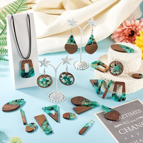 Cheriswelry 20Pcs/10 Pairs Epoxy Resin Wood Big Earring Pendants with Gold Foil DIY Bohemia Wooden Charms Statement Mixed Shape 22-49mm for DIY Jewelry Making in Kuwait