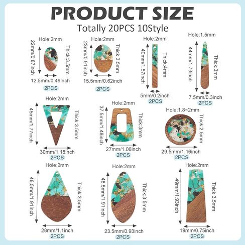 Cheriswelry 20Pcs/10 Pairs Epoxy Resin Wood Big Earring Pendants with Gold Foil DIY Bohemia Wooden Charms Statement Mixed Shape 22-49mm for DIY Jewelry Making in Kuwait