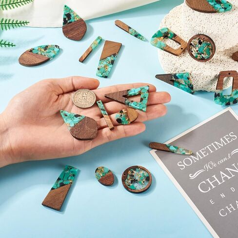 Cheriswelry 20Pcs/10 Pairs Epoxy Resin Wood Big Earring Pendants with Gold Foil DIY Bohemia Wooden Charms Statement Mixed Shape 22-49mm for DIY Jewelry Making in Kuwait