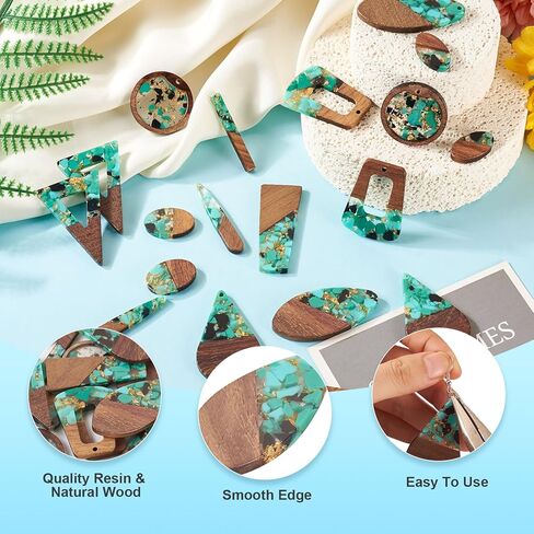 Cheriswelry 20Pcs/10 Pairs Epoxy Resin Wood Big Earring Pendants with Gold Foil DIY Bohemia Wooden Charms Statement Mixed Shape 22-49mm for DIY Jewelry Making in Kuwait