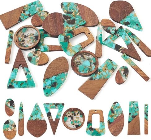 Cheriswelry 20Pcs/10 Pairs Epoxy Resin Wood Big Earring Pendants with Gold Foil DIY Bohemia Wooden Charms Statement Mixed Shape 22-49mm for DIY Jewelry Making in Kuwait