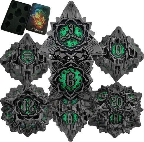 Metal Dice Set with Dice Bag and Organizer Gift Multi-Surface Large Dice Accessory for RPG Roleplaying Tabletop Game D20 D12 D10 D10% D8 D6 D4 Nickel Green in Saudi Arabia
