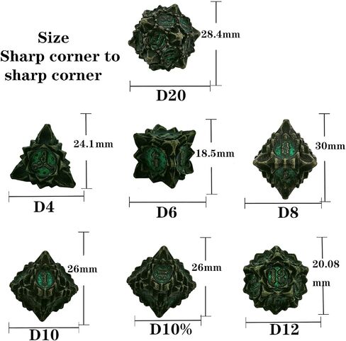 Metal Dice Set with Dice Bag and Organizer Gift Multi-Surface Large Dice Accessory for RPG Roleplaying Tabletop Game D20 D12 D10 D10% D8 D6 D4 Nickel Green in Saudi Arabia