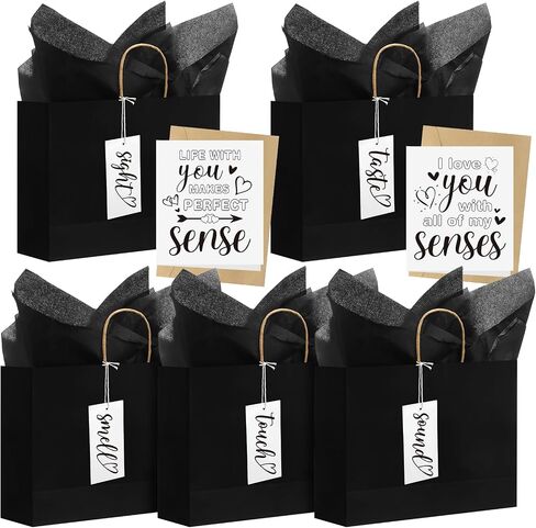 Kolldenn 5 Senses Gift Tags Kraft Paper Bag Set for Husband Wife 5 Sense Gift Bags Tissue Paper Greeting Card label for Him Her Couple Valentine Christmas(12.6 x 4.3 x 9.8 Inch,Black) in Saudi Arabia