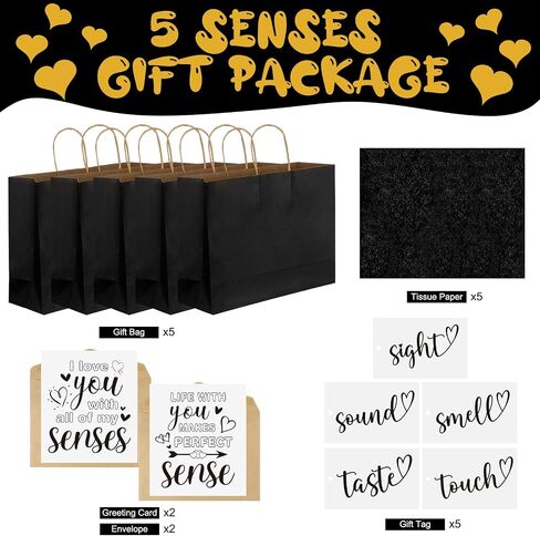 Kolldenn 5 Senses Gift Tags Kraft Paper Bag Set for Husband Wife 5 Sense Gift Bags Tissue Paper Greeting Card label for Him Her Couple Valentine Christmas(12.6 x 4.3 x 9.8 Inch,Black) in Saudi Arabia