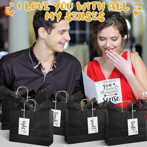 Kolldenn 5 Senses Gift Tags Kraft Paper Bag Set for Husband Wife 5 Sense Gift Bags Tissue Paper Greeting Card label for Him Her Couple Valentine Christmas(12.6 x 4.3 x 9.8 Inch,Black) in Saudi Arabia