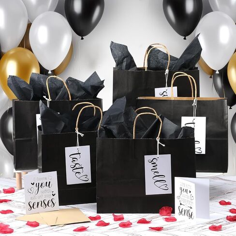 Kolldenn 5 Senses Gift Tags Kraft Paper Bag Set for Husband Wife 5 Sense Gift Bags Tissue Paper Greeting Card label for Him Her Couple Valentine Christmas(12.6 x 4.3 x 9.8 Inch,Black) in Saudi Arabia