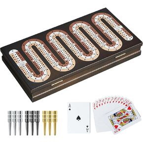 مجموعة ألعاب Cribbage الخشبية مع قفل مغناطيسي وتخزين كبير - 9 أوتاد معدنية و 2 سطح من أوراق اللعب ، لعبة Continuous 3 مسار السفر المحمولة Cribbage للعائلة