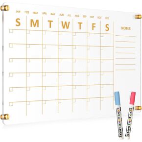 Acrylic Calendar for Wall, 24"x16" Gold Dry Erase Board Weekly Planner Wall Mounted Board, Frameless White Board for Home, Office, School
