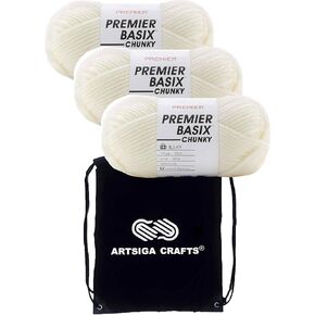 Premier Basix Chunky Knitting Yarn Cream 1145-02 (3 pack) نفس الصبغة مكتنزة ضخمة #5 Soft 100 ٪ أكريليك مع حقيبة المشروع