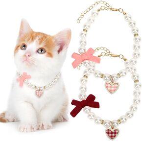 2Packs Dog Cat Pearl Pearl Pearl ، قلادة صغيرة على شكل قلب قلادة حيوان أليف لطيف ، طوق الكلاب الكلاب مع القوس ، حفل زفاف قابل للتعديل ، إكسسوارات مجوهرات للجرو والكيتي