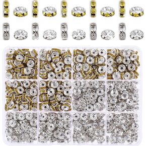 720 Pcs Spacer Beads for Crafting, Silver Gold Rhinestone Spacer Beads 8mm Plated Crystal Loose Beads for Jewelry Making, Bracelets Earring Necklace