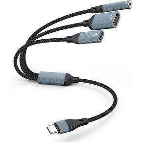 USB C Splitter with PD 60W Charging, 3-in-1 USB C to 3 USB C Female Headphone Charger Adapter OTG Cable for iPhone 16/15 Series, iPad, MacBook, Galaxy S24/S23 and More