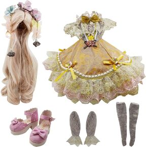 مجموعة من Skirt شعر مستعار Socks Socks مجموعة كاملة لثلاثة/3 دمى BJD دمى مفصلية 22 بوصة - 24in 60 سم (الرمادي والذهبي)