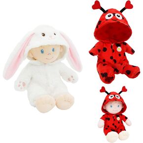 June Garden 2 Pcs Sweet Dolly Bundle - Includes 12" Sweet Dolly Snowbun+Interchangeable Ladybug Jumpsuit Outfit Accessory