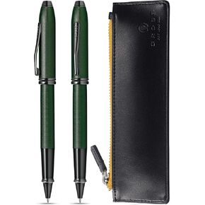 في. Cross Townsend Midnight Green Micro micro knured و Sandblasted Matte Black PVD مع مواعيد PVD أسود غير لامع Selectip Gel Ink Ben و Cross Black Pen Pouch