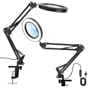 Desktop Benchtop Magnifier LED Lamp,10X Magnifying Glass with Light,3 Color Modes Stepless Dimming,Desk Table Reading Light with Clamp Stand,Hands Free
