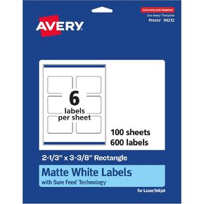 Avery Matte White Rectangle Labels مع تغذية مؤكدة ، 2-1/3 "× 3-3/8" ، 300 ملصقات قابلة للطباعة أبيض غير لامع