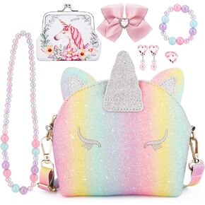 JYPS 7PCS Toddler Purse for Girl, Girls Wallet with Pretend Play Toys, Princess Toys with Kids Dress Up Jewelry Set (Rainbow Unicorn)