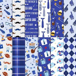 24 Sheets Father's Day Scrapbook Paper 11.8'' x 11.8'' Blue Black Father's Day Pattern Pad Father's Day Double-Sided Scrapbook Paper for Card Making Kit Floral Cardstock Origami DIY