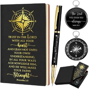 4 Pcs Christian Graduation Gifts Include Bible Verse Journal Notebook Religious Engraved Compass First Confirmation Pens Graduation Baptism Gifts for Men Dad Father Student