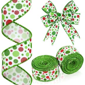 Hanaive 20 ياردة عيد الميلاد Polka Dot Ribbon XMAS Wired Ribbon Christmas Tree Ribbons Decoration Green Red Polka Dot Printed Christmas Divinative Distial for Werpts Wrapping (1.5 Int)
