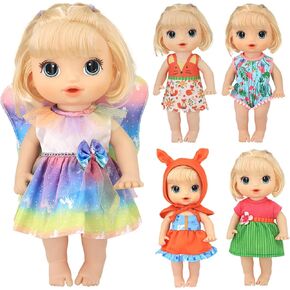 12 inch Doll Clothes Set (Pack of 5), Doll Clothes for 10-12 inch Dolls, Includes Dress, Top, Bottom, Shoes (5 sets), Multicolor, Floral, Rainbow Theme