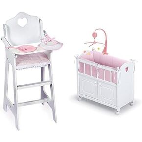 Badger Basket Doll Doll High Cair + Toy Crib مع الفراش والتخزين ومجموعات التخصيص المجانية ، وتناسب دمى 18 بوصة ، وبيضاء/وردية باللون الوردي