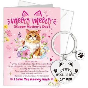 بطاقة عيد الأم Howaf من Cat ، بطاقات هدايا الأمهات مع سلسلة مفاتيح محفورة من بطاقات Cat Mother's Catty مع Keyring من Son Baunt