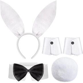 CHUANGLI Women's Bunny Costume Set Rabbit Ear Headband Collar Bow Tie Costume Cuffs Rabbit Tail for Easter Party