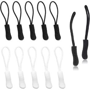 FirSea 10 Pack Zipper Pull Replacement, Black Heavy Duty Zipper Universal Extender Cord for Backpack, Jackets, Pants, Boots, Coats, Luggage (Black+White)