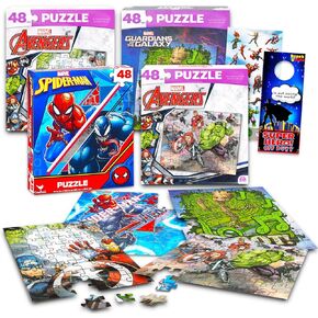 Marvel Heroes Premier Buzzles Set - حزمة مع 48 قطعة متنوعة من 48 قطعة وألغاز Spiderman بالإضافة إلى ملصقات وأكثر | أعجوبة الألغاز الخارقة للأولاد