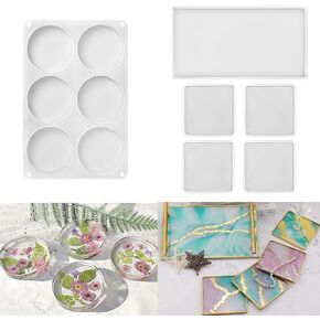 Resinworld 5 PCS مستطيل مربع قوالب كوستر كوستر مجموعة + 6-Cavity Deep Round Coaster Mold