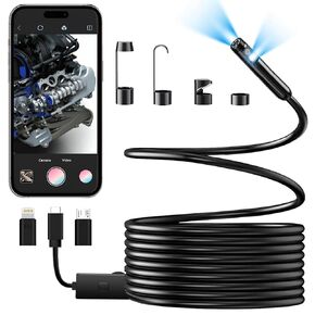 JSE Endoscope Camera with Lights,1920P HD & IP67 Waterproof Borescope Camera, Cable Snake Scope Camera 0.315inch Semi-Rigid 16.4FT, 8 Adjustable LED Lights Inspection Camera for iPhone,Android,iPad