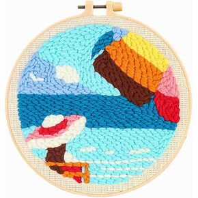 Howie's Needlepoint Punch Needle Kit for Beginners, DIY Cartoon Punch Needle Kits Embroidery Kits with Yarns, Tools and Instructions, Creative Craft Home Decor(Seaside-Summer Beach, 8" diameters)