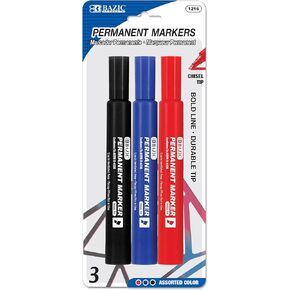 BAZIC Permanent Marker Chisel Tip, Wide Assorted Color Markers, Coloring on Plastic Wood Metal Glass Stone for Art Office (3/Pack), 1-Pack