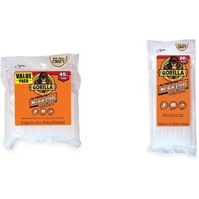 Gorilla Hot Glue Sticks, Full Size, 4" Long x .43" Diameter, 45 Count, Clear, (Pack of 1) & Hot Glue Sticks, Full Size, 8" Long x .43" Diameter, 20 Count, Clear, (Pack of 1)