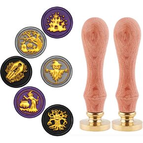 Craspire Halloween Wax Seal Seal Set 6pcs ختم ختم ختم ختم ختم 25 مم من الرؤوس النحاسية القابلة للإزالة مع 2pcs مقبض الخشب لمغلف دعوة الزفاف (قلعة الجمجمة Witch Pumpkin Crow Crow)