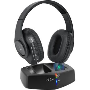 WallarGe Wireless Headphones for TV Watching with 5.8GHz RF Transmitter Charging Dock, Plug and Play, 100 Ft Wireless Range, Rechargeable 20 Hour Battery (Black with Red)