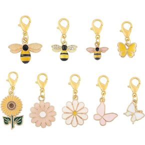 Kissitty 9pcs Bees Flower Butterfly M0 سحر متدلي للسلاسل الرئيسية بزخارف النحل مع مشبك للمجوهرات صنع الكروشيه الفنون الفنية