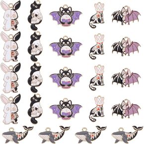 Sunnyclue 1 Box 24pcs 6 Style Gothic Charms Halloween Mingel Skull Skulton Bone Charm Rabbit Cat Cut