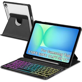Case with Keyboard for Samsung Galaxy Tab S9 FE 10.9"/ S9 11 inch 2023,7 Color Rainbow Backlit Detachable Keyboard Rotatable Magnetic Cover with Pencil Holder for Samsung Tablet S9 FE Black