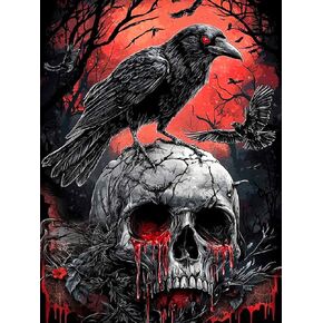Helloween Crow Diamond Painting Kits للبالغين ، جمجمة 5D مع مجموعات فن الرعب الماس للمبتدئين ، حفر الماس الكاملة مجموعات الفنون الأحجار الكريمة للديكور الجدار المنزلي 12 × 16 بوصة