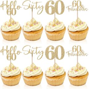 24PCS 60th Birthday Cupcake Toppers Gold Glitter 60 Th Birthday Cupcake Picks for 60th Wedding Anniversary Cake Party Decoration Celebrating the Golden Wedding Party