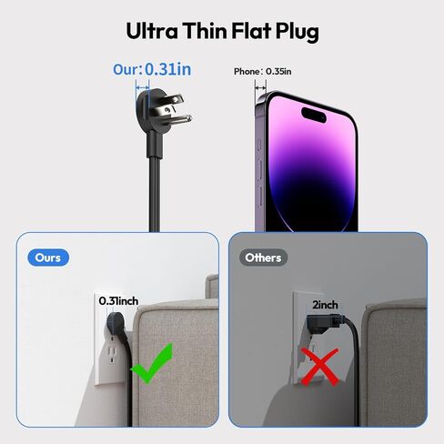 شريط طاقة بسلك تمديد بطول 10 أقدام مع منافذ USB، شريط طاقة NTONPOWER ذو قابس مسطح مع 3 منافذ 2 USB، محطة شحن مثبتة على الحائط للمنزل والمكتب وغرفة النوم والسفر، مدرج في قائمة ETL، أسود in Kuwait