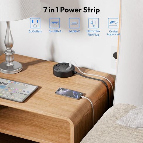 شريط طاقة بسلك تمديد بطول 10 أقدام مع منافذ USB، شريط طاقة NTONPOWER ذو قابس مسطح مع 3 منافذ 2 USB، محطة شحن مثبتة على الحائط للمنزل والمكتب وغرفة النوم والسفر، مدرج في قائمة ETL، أسود in Kuwait