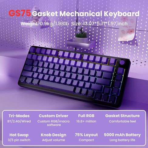 EWEADN GS75 Wireless Mechanical Keyboard, 75% Gaming Keyboard Gasket Hot Swappable Custom Keyboard with RGB, Knob, PBT Keycaps BT5.0/2.4G/USB-C Creamy Keyboard (Cream Pink Switch, Pink & White) in Saudi Arabia