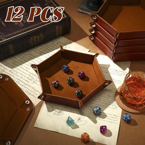 12 Pcs Dice Tray for Rolling Folding Dice Tray PU Leather Dice Holder Tray Portable Dice Holder Storage Box Folding Hexagon Dice Mat Velvet for Dice Games Like RPG and Other Table in Saudi Arabia