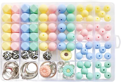 104pcs Silicone Beads DIY Jewelry Making Kit with Elastic Cord, Multiple Styles/Colors/Shapes Bulk Rubber Beads Set, for DIY Keychain/Beaded Pens/Bag Chain/Bracelet and Other Decors in Saudi Arabia